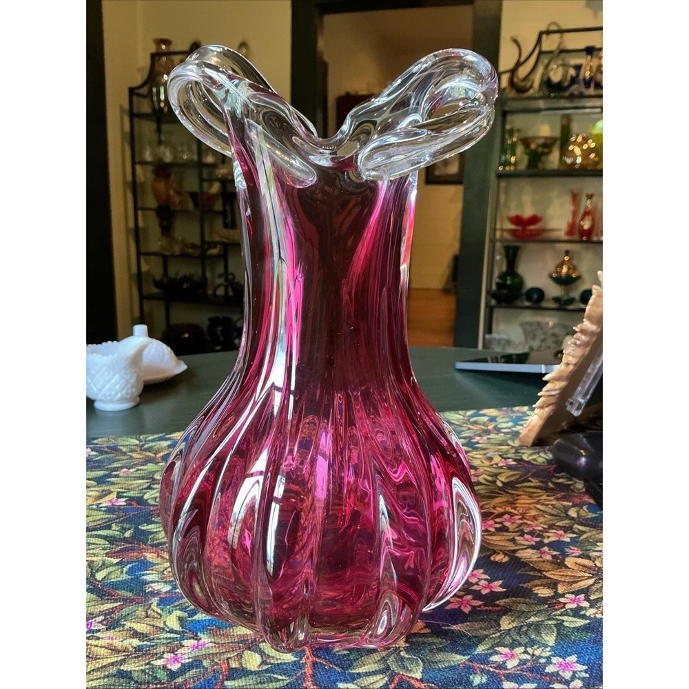 Vintage‎ 9.5" x 6" Murano Sommerso Art Glass Cranberry Vase